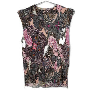 Pink Paisley Ribbed‎ Short Sleeve Top Sleeveless Girly Stretchy Shirt Large
